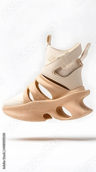 Obraz Floating Beige Cutout Platform Sneakers on White Background