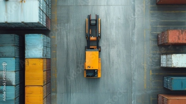 Obraz Aerial view of orange forklift moving between stacks of cargo containers in a shipyard.