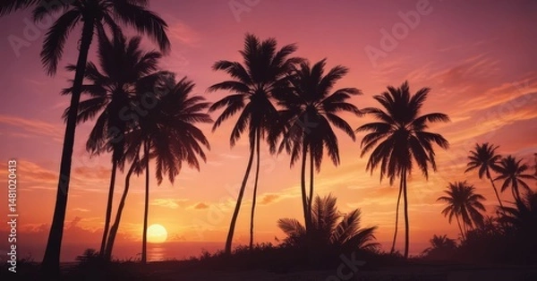 Obraz Silhouetted palm trees against a vibrant sunset ,  silhouette design,  mexico