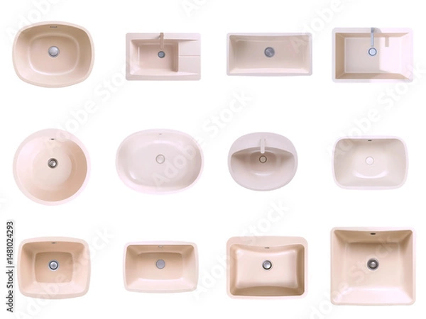Obraz Highly detailed, photorealistic top view of a sleek, beige creamy ultra modern sink, transparent background, isolated from any surroundings, ideal for incorporation into floor plans and collages