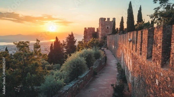 Obraz Ancient castle walls at sunset panoramic city view