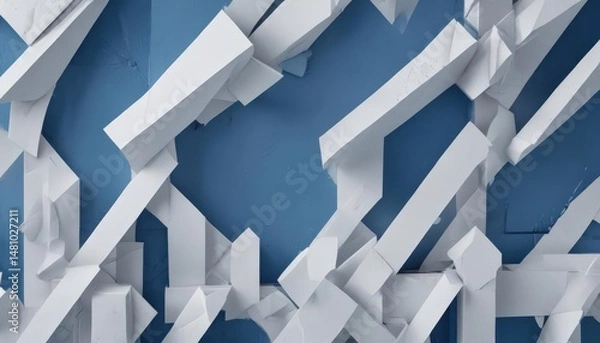 Fototapeta Layered abstract blue background with textured white geometric shapes , white, lines