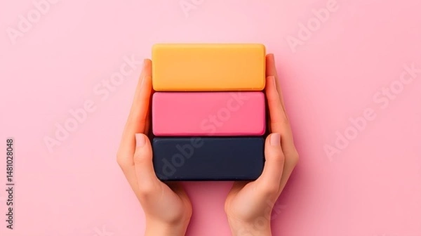 Obraz Hands Holding Stacked Colorful Soap Bars on Pink Background