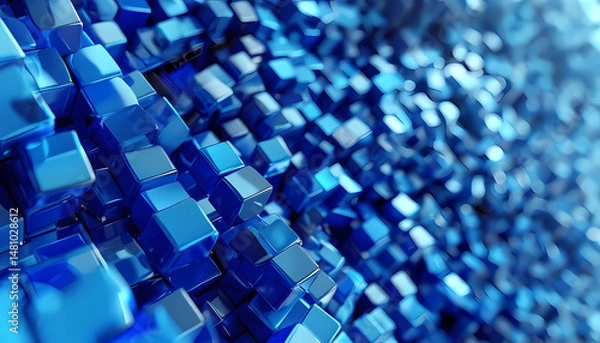 Obraz Reflective Blue Cubes in Futuristic Grid Space – Digital Illustration