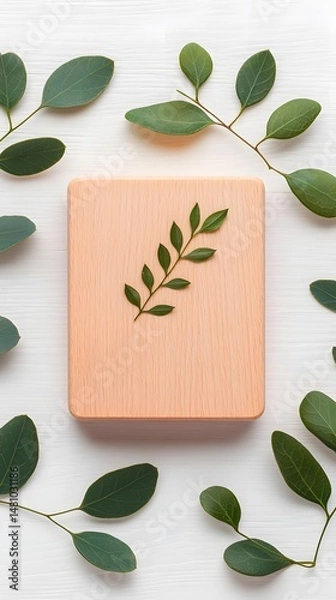 Obraz Light Pink Soap Bar on Wooden Board with Eucalyptus Leaves