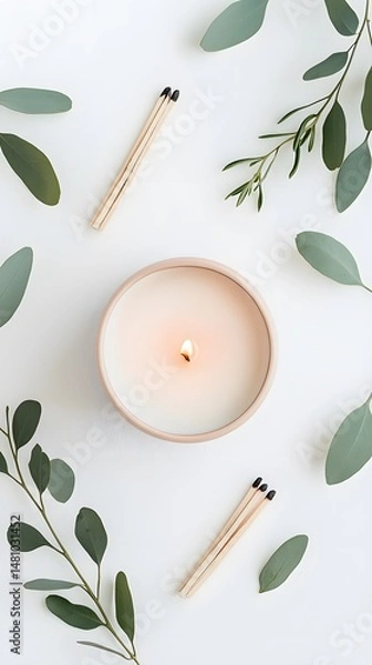 Obraz Lit Candle with Eucalyptus Greenery and Matches on White Background