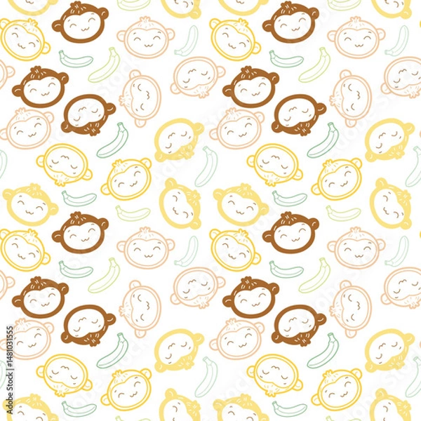 Fototapeta Cute Monkeys and Bananas Seamless Pattern. Playful Monkey Heads Pattern Fabric Motif Illustration.