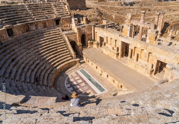 Obraz View from the high seats towards the stage of North Theater in Jerash, a Greco-Roman well preserved city in Jordan