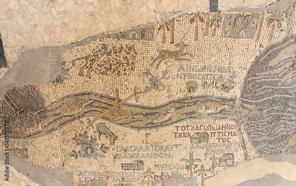 Obraz Madaba Mosaic map on floor of Saint George byzantine church is 5th Century cartographic map of Holy Land