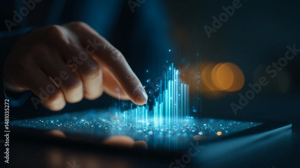 Obraz Finger interacts with glowing digital graph on tablet screen, symbolizing data analysis, growth, and technological advancement in business