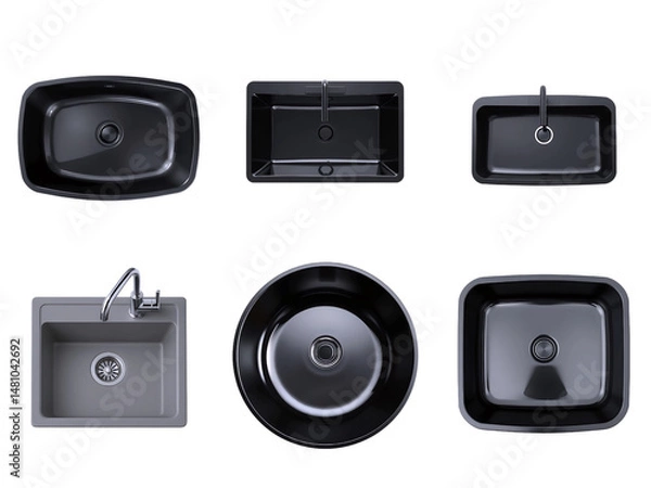 Obraz Highly detailed, photorealistic top view of a sleek, black glass ultra modern sink, transparent background, isolated from any surroundings, ideal for incorporation into floor plans and collages