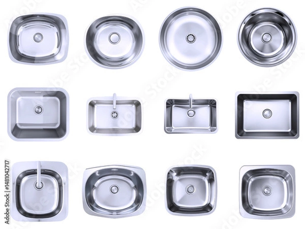 Obraz Highly detailed, photorealistic top view of a sleek, chrome metal ultra modern sink, transparent background, isolated from any surroundings, ideal for incorporation into floor plans and collages