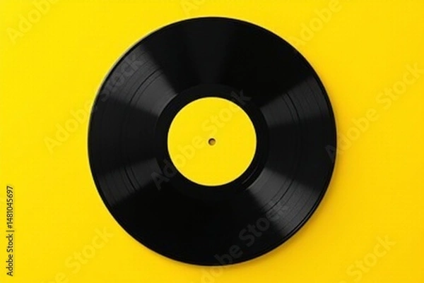 Fototapeta Black vinyl record on yellow surface for music industry, retro themes, vintage collections, and music themed designs in need of a unique touch.