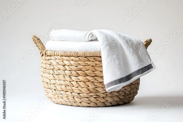 Fototapeta A sleek, simple laundry basket with a neatly folded towel, set on a pristine white background, ideal for home organization or styling