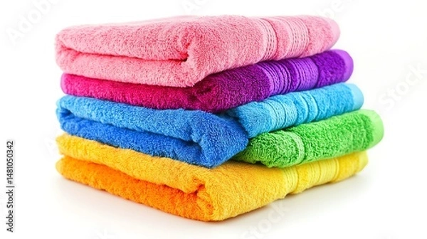 Fototapeta A stack of colorful towels, isolated on a bright white background, perfect for bathroom or spa decor themes