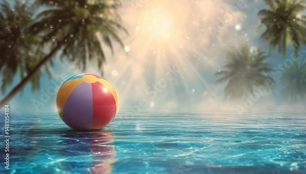 Obraz A colorful beach ball floating in the water of an outdoor swimming pool, with palm trees and sun
