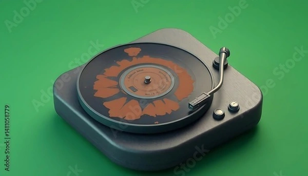 Obraz Vintage Record Player with Vinyl on Green Background