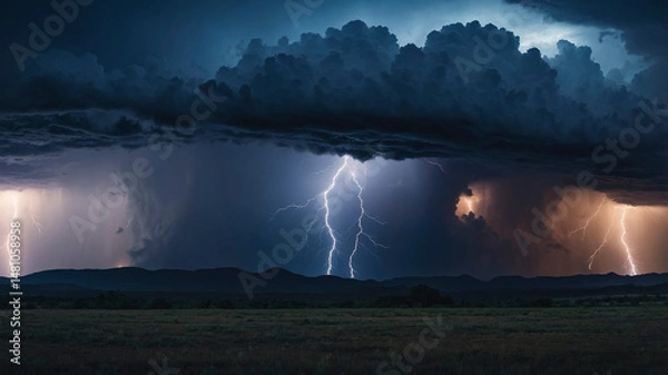 Obraz Epic Thunderstorm with Cloud-to-Ground Lightning Over Open Plains