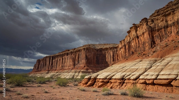 Obraz Desert Landscape with Red Rock Cliffs and Storm Clouds
