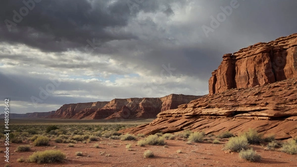 Obraz Desert Landscape with Red Rock Cliffs and Storm Clouds
