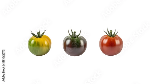 Obraz Trio of Colorful Heirloom Tomatoes Yellow Green, Indigo Blue, and Deep Red
