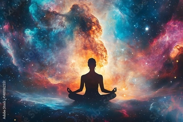 Fototapeta A tranquil silhouette meditates against a cosmic backdrop, filled with swirling nebulae, symbolizing inner peace and connection to the universe