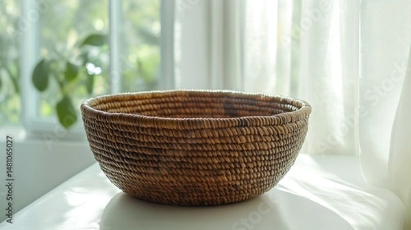 Fototapeta Woven round basket on a windowsill
