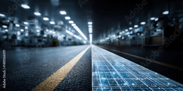 Fototapeta authentic photograph of a solar panel production line with automated machines manufacturing photovoltaic cells, showcasing green technology,