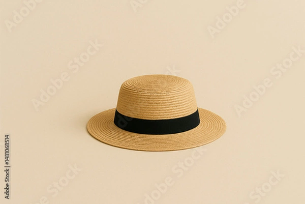 Obraz Straw hat with a black ribbon band placed on a beige background in a clean minimal setup