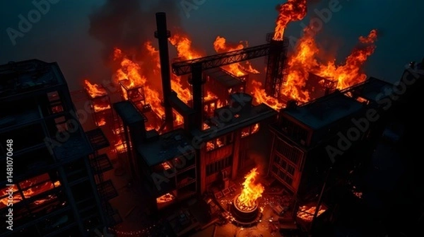 Fototapeta An image of a dark industrial ruin consumed by fiery destruction, captured from a high angle perspective, featuring a contrasting palette of warm terracotta and cool teal colors, creating an elevated