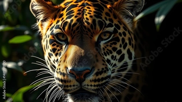 Fototapeta An extreme macro close-up of a jaguar in a jungle, lit by strong, hard light creating direct, harsh shadows that highlight minute details of the subject. Generative AI, focusing on high-detail macro 