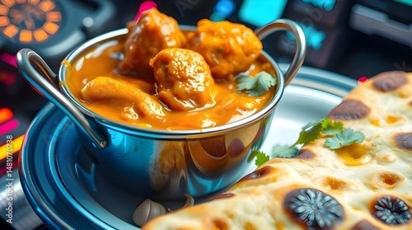 Fototapeta Bright vibrant futuristic sci-fi style closeup of buttery chicken curry and garlic naan, advanced technology and space elements, lively and energetic composition 