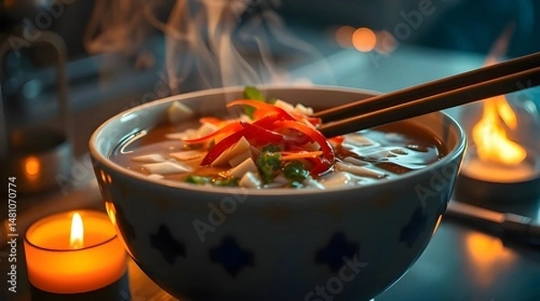 Fototapeta Closeup of a bowl of Pho with chopsticks in a futuristic sci-fi style, warm candlelight and advanced technology elements integrated, space-like elements visible, flickering flames adding a warm glow