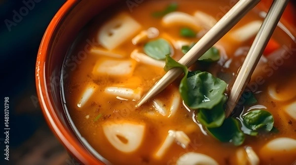 Fototapeta Closeup of a bowl of Pho with chopsticks, an unusual original fine art photograph with warm soft lighting, professional style, soft contrast, soft saturation, artistic lighting, creating abstract