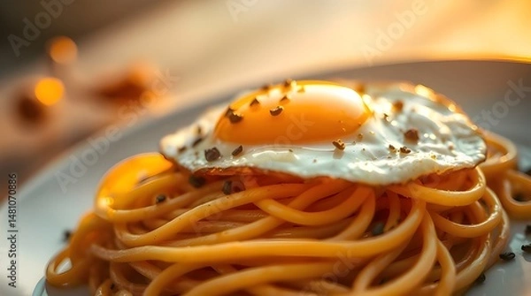 Fototapeta Close-up of a fried egg on spaghetti with black pepper, bathed in a warm golden glow, radiant and luxurious, featuring bright lens flares and vibrant colors, emphasizing light streaks