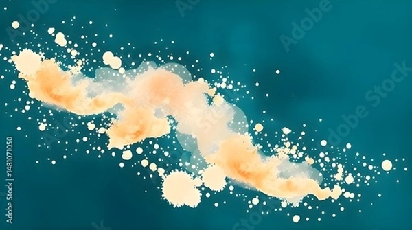 Fototapeta Delicate watercolor painting rich deep teal, featuring beige powder particles in motion against a dark blue background. Luxurious and vibrant translucent washes with fluid brushstrokes 