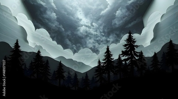 Fototapeta Dramatic cinematic style, layered papier-mâché landscape, monochrome, silhouetted trees, stormy night sky, sculpted textures, film-like composition, high contrast lighting 