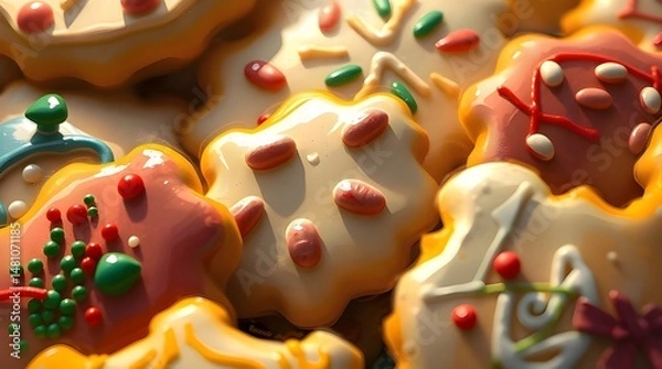 Fototapeta Dynamic digital sketch Closeup of colorful icing-decorated Christmas cookies, rendered with loose painterly strokes. Warm golden glow, rich textures, complementary colors, atmospheric mist, evoking 