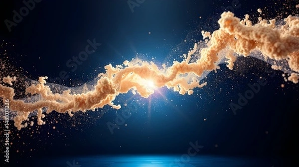 Fototapeta Epic modern future grand scene depicting creative light art with an amazing lens glow, featuring beige powder particles in motion against a dark blue background. Artistic lighting creates abstract 