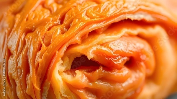 Fototapeta Extreme macro close-up of a buttery flaky croissant with golden brown layers, deep ultraviolet hues, high contrast, intense color saturation, showcasing minute details 