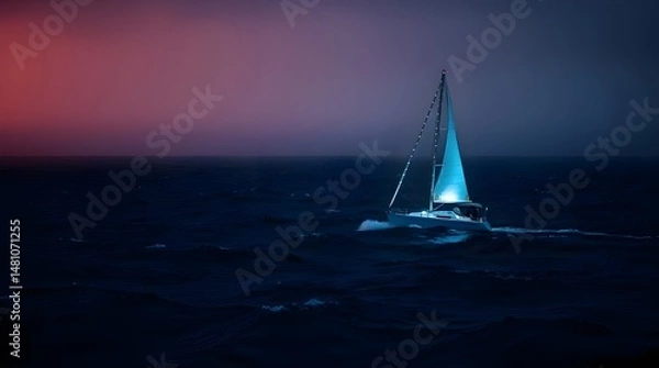 Fototapeta Fine art photography, sailboat on a stormy night sea. Warm, slightly dark, soft tones. Bioluminescent colors, natural light effects, vibrant glow. Soft contrast, soft saturation. Editorial style