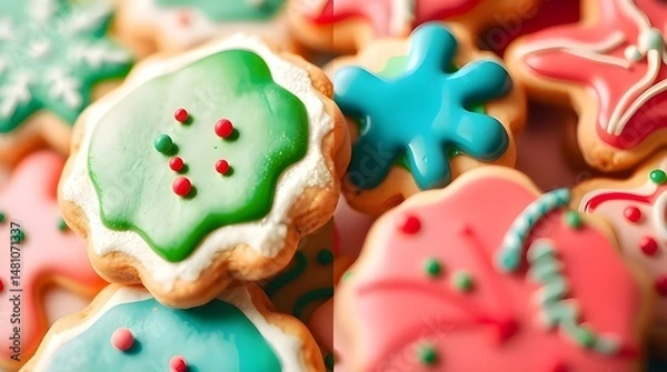 Fototapeta Geometric logo Split design featuring a closeup of colorful icing-decorated Christmas cookies. Clean lines, balanced sections, bold colors, visual clarity 