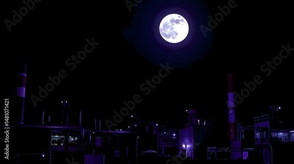 Fototapeta High contrast, low-key architectural color photograph of Purple Industrial City at night under a full moon sharp lines, detailed structures, wide angles, pure black, deep shadows, dramatic effect 