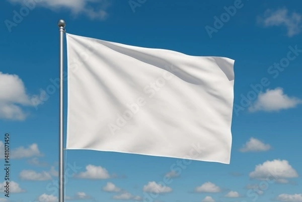 Fototapeta Blank white flag against blue sky and clouds, suitable for mockup