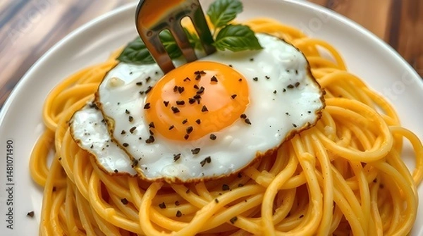 Fototapeta High-angle perspective close-up of a fried egg on spaghetti with black pepper, looking down from an elevated viewpoint