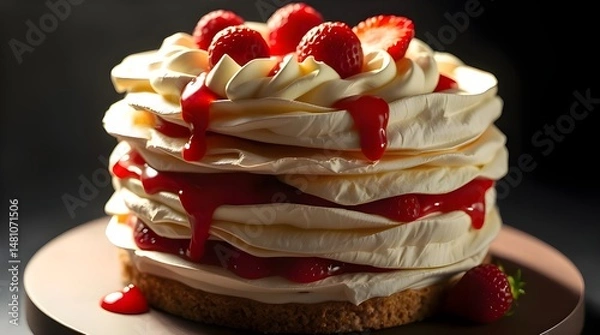 Fototapeta Intense dramatic lighting on layered papier-mâché Creamy Cheesecake with Strawberries and Raspberry Sauce, sculpted, textured layers, high contrast, creating visual tension, sharp details