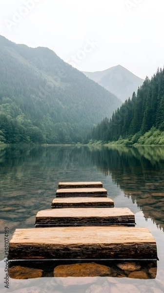 Obraz Serene Still Lake with Wooden Steps and Misty Mountains