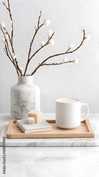 Obraz Serene Still Life with White Mug and Spring Branches on Wooden Tray