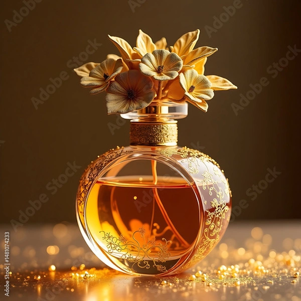 Obraz Elegant Floral Gold Perfume Bottle with Warm Glow and Luxury Design