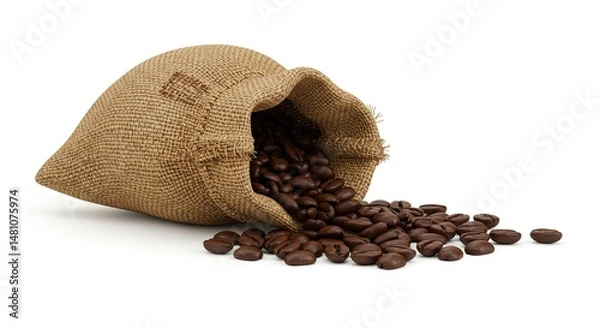 Fototapeta Burlap Sack of Roasted Coffee Beans Spilling on White Background